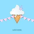 Ice cream in the shape of pink triangle. Pink triangle symbol with pink pennant flags. Symbol of LGBTQ pride and the LGBTQ+ rights