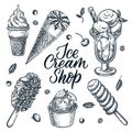 Ice cream shop design elements set isolated on white background. Vector hand drawn sketch illustration of summer dessert Royalty Free Stock Photo