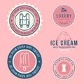 Ice cream shop labels, logotypes and design elements. Vintage different ice cream elements. Cold desserts and ice cream objects. V