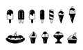 Ice cream. Silhouette icons set. Eskimo, popsicle, waffle cone, ice lolly, banana split, twister, bowl. Black simple illustration