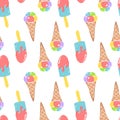 Ice cream simple sketh drawn by hand seamless pattern in cartoon style with cone, eskimo. For wallpapers, web background