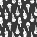 Ice cream simple sketh drawn by hand seamless pattern in cartoon style with cone, eskimo. For wallpapers, web background