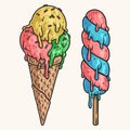 Ice cream sketch colorful vintage
