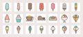 Ice cream, soft serve,ice shave, scoop in crape and popsicle filled color line icons