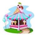 Ice cream stall with tasty decor. Bright, summer banner