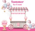 Ice cream stand with balloons Vector. Summer background. Birthday card or event posters