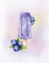 Ice cream on a stick with blueberries, popsicles. Healthy dessert. Digital watercolor design