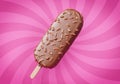 Chocolate Ice cream on a stick on a bright pink background. Tasty summer sweets