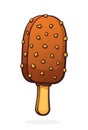 Ice cream on stick with chocolate glaze and nut. Vector illustration. Hand Drawn Cartoon illustration Royalty Free Stock Photo