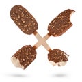 Ice cream on a stick in chocolate glaze with pieces of nuts. Four servings of ice cream of varying bite levels are Royalty Free Stock Photo