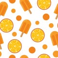 Ice cream on a stick and slices of orange seamless pattern in flat style. bright, summer juicy background white Royalty Free Stock Photo