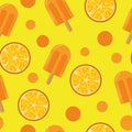 Ice cream on a stick and slices of orange seamless pattern in flat style. bright, summer juicy background yellow Royalty Free Stock Photo