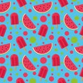 Ice cream on a stick and slices of watermelon seamless pattern. bright, summer juicy background blue Royalty Free Stock Photo