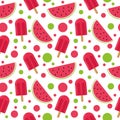 Ice cream on a stick and slices of watermelon seamless pattern bright, summer juicy background white Royalty Free Stock Photo