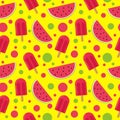 Ice cream on a stick and slices of watermelon seamless pattern. bright, summer juicy background yellow Royalty Free Stock Photo