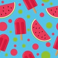 Ice cream on a stick and slices of watermelon seamless pattern in vector flat style. bright, summer juicy background blue Royalty Free Stock Photo