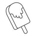 Ice cream on stick thin line icon, dairy products concept, chocolate ice cream bar sign on white background, melting ice Royalty Free Stock Photo