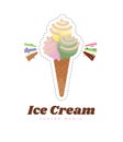 Ice cream sticker or badge. Color vanilla ice cream dessert. Kids sweets. Cute ice cream cone cartoon vector