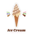 Ice cream sticker or badge. Cute ice cream cone cartoon vector illustration. Chocolate and vanilla ice cream dessert