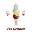 Ice cream sticker or badge. Cute ice cream on stick cartoon vector illustration. Chocolate and vanilla ice cream dessert