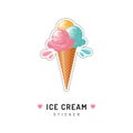 Ice cream sticker or badge, Ice cream cone icons isolated. Trendy 80s pop art design