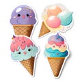 Ice cream sticker set. Cute cartoon kawaii ice cream in waffle cones. Vector illustration