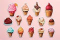 Ice cream Stickers, cute ice cream cone sticker pack, A set of ice cream stickers isolated on copy space background, AI Generated