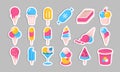 Ice cream stickers. Summer cold dessert set on sticks in cones cups and bucket, cute flat cartoon design elements Royalty Free Stock Photo