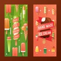 Ice cream store banner, vector illustration. Colorful advertisement flyer, hand made gelato, family owned creamery