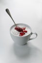 Ice cream with strawberries in a cup on the table Royalty Free Stock Photo