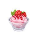 Ice cream with strawberries in glass bowl