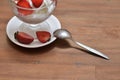 Ice-cream with strawberries in a glass bowl on a white saucer Royalty Free Stock Photo