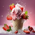 Ice cream with strawberries in a waffle cone and splashes on a purple background. Royalty Free Stock Photo