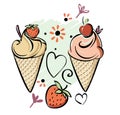 Ice cream with strawberry, cherry. Black white pink creame red hand made drawing for kids, adult, caffee Royalty Free Stock Photo
