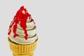 Ice cream strawberry jam in a waffle cone is delicious. Highly detailed 3d rendering illustration mock-up front view close up. Royalty Free Stock Photo
