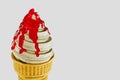 Ice cream strawberry jam in a waffle cone is delicious. Highly detailed 3d rendering illustration mock-up front view close up.