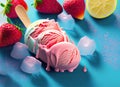 Ice cream with strawberry and lemon on blue background. 3d illustration. Generative AI Royalty Free Stock Photo