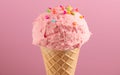 Ice cream. Strawberry or raspberry flavor icecream in waffle cone over pink background. Sweet dessert with colorful sprinkles