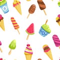 Ice cream summer dessert cone waffle stick and bucket seamless pattern