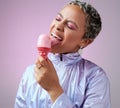 Ice cream, summer dessert and woman with smile while eating against a pink mockup studio background. Crazy, funky and Royalty Free Stock Photo