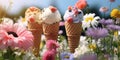 ice cream in summer flowers background. Lolly ice, cones with different topping, fruit icecream. Ai generative. Royalty Free Stock Photo