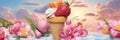ice cream in summer flowers background. Lolly ice, cones with different topping, fruit icecream. Ai generative. Royalty Free Stock Photo