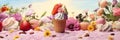 ice cream in summer flowers background. Lolly ice, cones with different topping, fruit icecream. Ai generative. Royalty Free Stock Photo