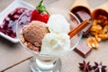 Ice cream sundae, chocolate, walnuts,jam and strawberry Royalty Free Stock Photo