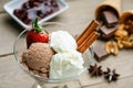 Ice cream sundae, chocolate, walnuts and jam Royalty Free Stock Photo