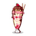 Ice cream in sundae glass dish cup with sliced strawberry, chocolate, dragee and wafer stick. Vector hand drawn illustration