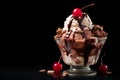 Ice cream sundae with layers of chocolate and vanilla, topped with dripping chocolate syrup and cherry, against a black background Royalty Free Stock Photo
