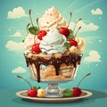 Ice cream sundae with whipped cream, cherries and mint leaves. illustration. ai generated Royalty Free Stock Photo