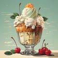 Ice cream sundae with whipped cream, cherries and mint leaves. illustration. ai generated Royalty Free Stock Photo