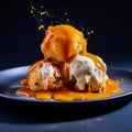 Ice cream sundae with yellow cremal A stack of ice cream scoops drizzled with a golden yellow sauce.